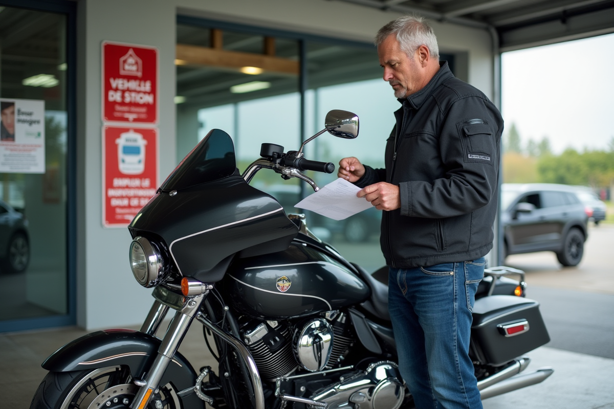 Motard examinant des papiers à côté de sa moto lors d'une inspection