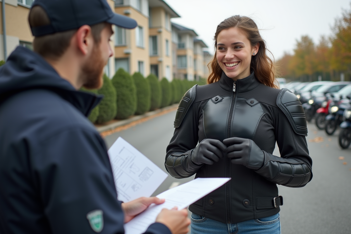 Jeune femme recevant un rapport de contrôle technique en extérieur