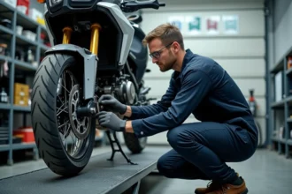 Technicien en centre de contrôle technique inspectant le frein avant d'une moto de grande cylindrée sur un pont élévateur