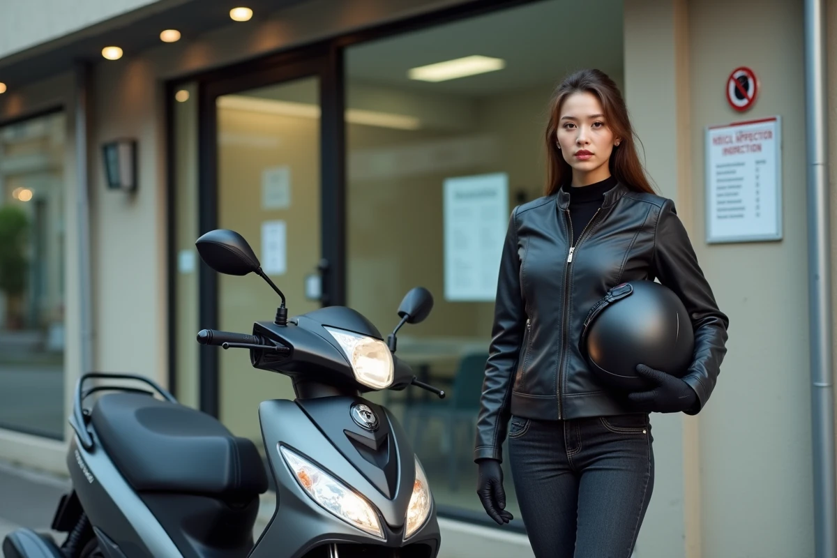 Jeune femme avec son scooter 125 devant un centre de contrôle technique deux-roues en zone urbaine