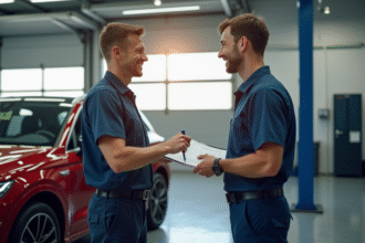 Mecanicien remettant un certificat d inspection a un proprietaire de voiture souriant