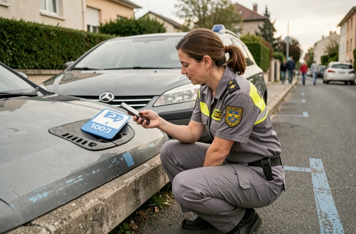 Contrôleuse municipale en uniforme vérifiant un disque de stationnement mal réglé sur le pare-brise d'un véhicule en zone bleue