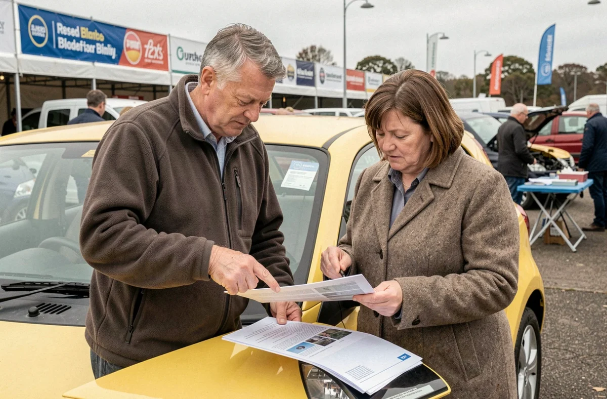 Couple examinant les documents d'une voiture sans permis lors d'une foire automobile