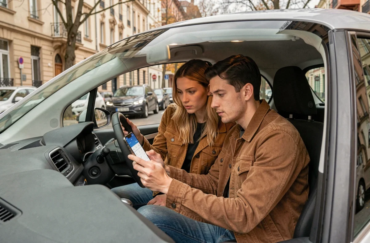 Couple évaluant le coût d'un leasing voiture à 59 euros par mois sans apport depuis l'habitacle d'une petite citadine