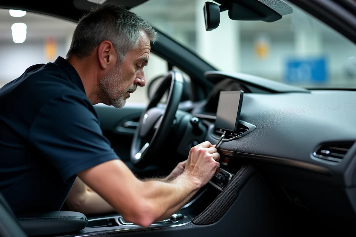 Homme appliquant un covering vinyle effet carbone sur la planche de bord d'une Peugeot 308 pour une personnalisation intérieure économique