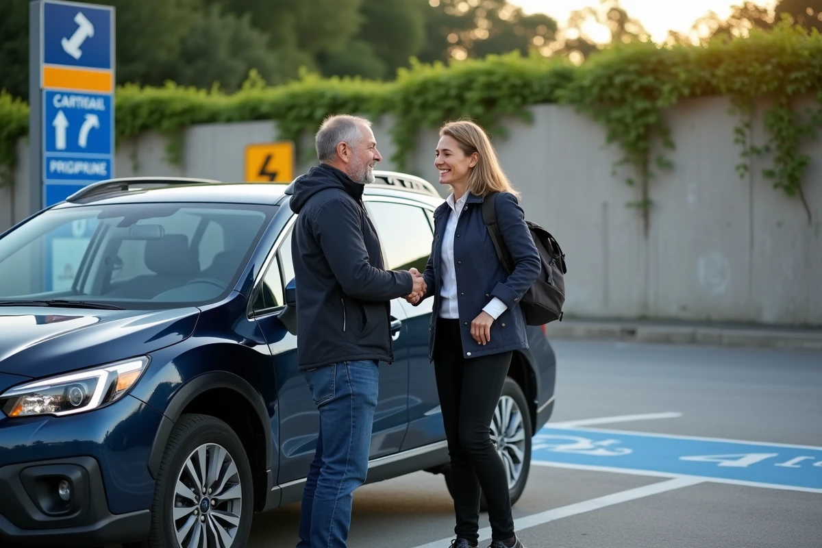 Deux covoitureurs se retrouvant au parking relais Vinci Autoroutes de La Chapelle-Saint-Mesmin