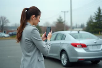 Femme photographiant les dégâts sur sa voiture après un sinistre automobile pour déclarer un accident à son assurance