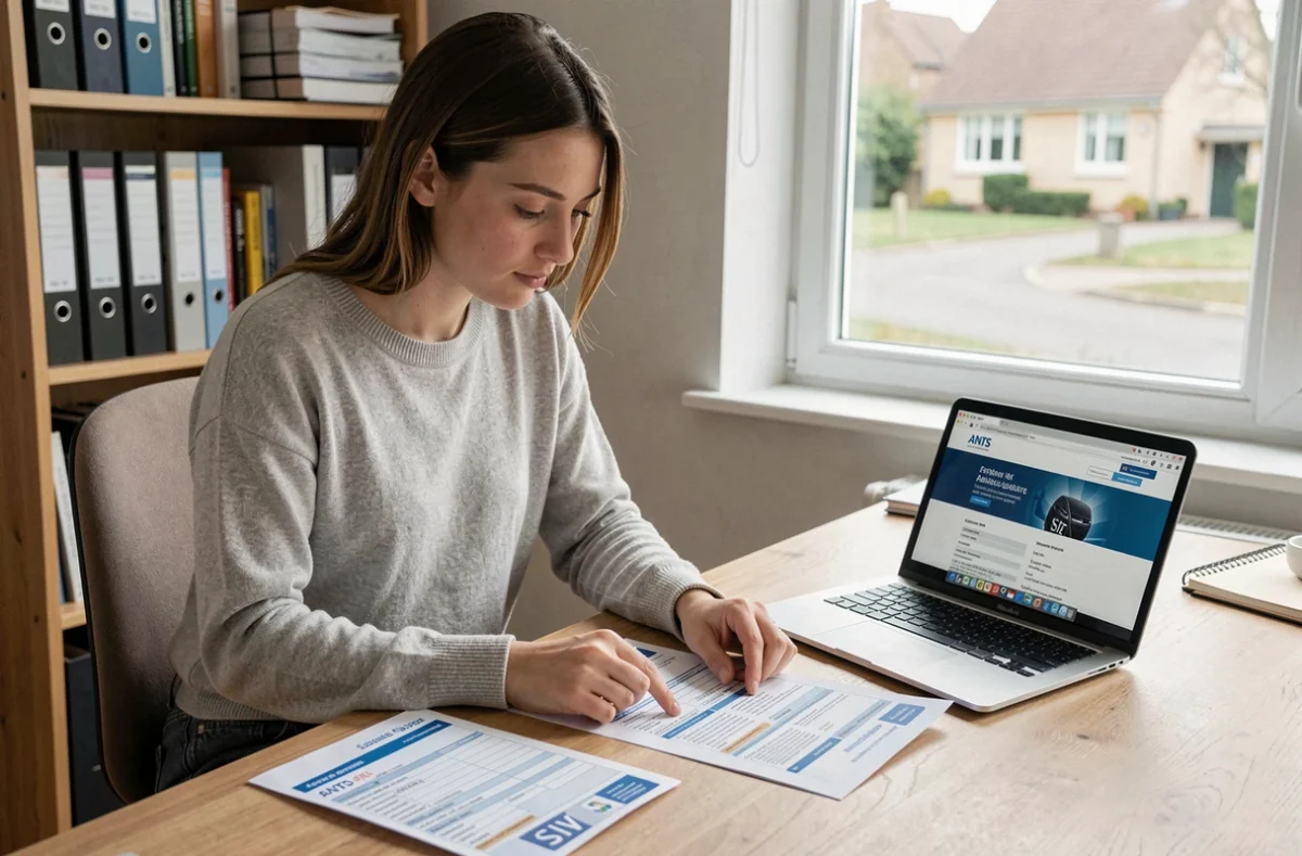 Femme consultant les documents d'immatriculation SIV et le site officiel ANTS depuis son bureau à domicile