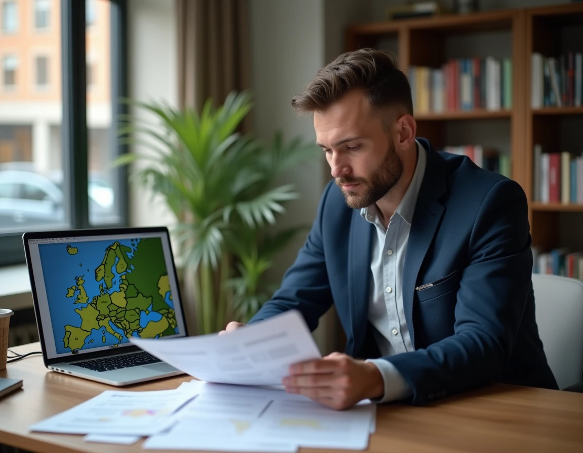Homme consultant des documents administratifs pour immatriculer un véhicule en Europe