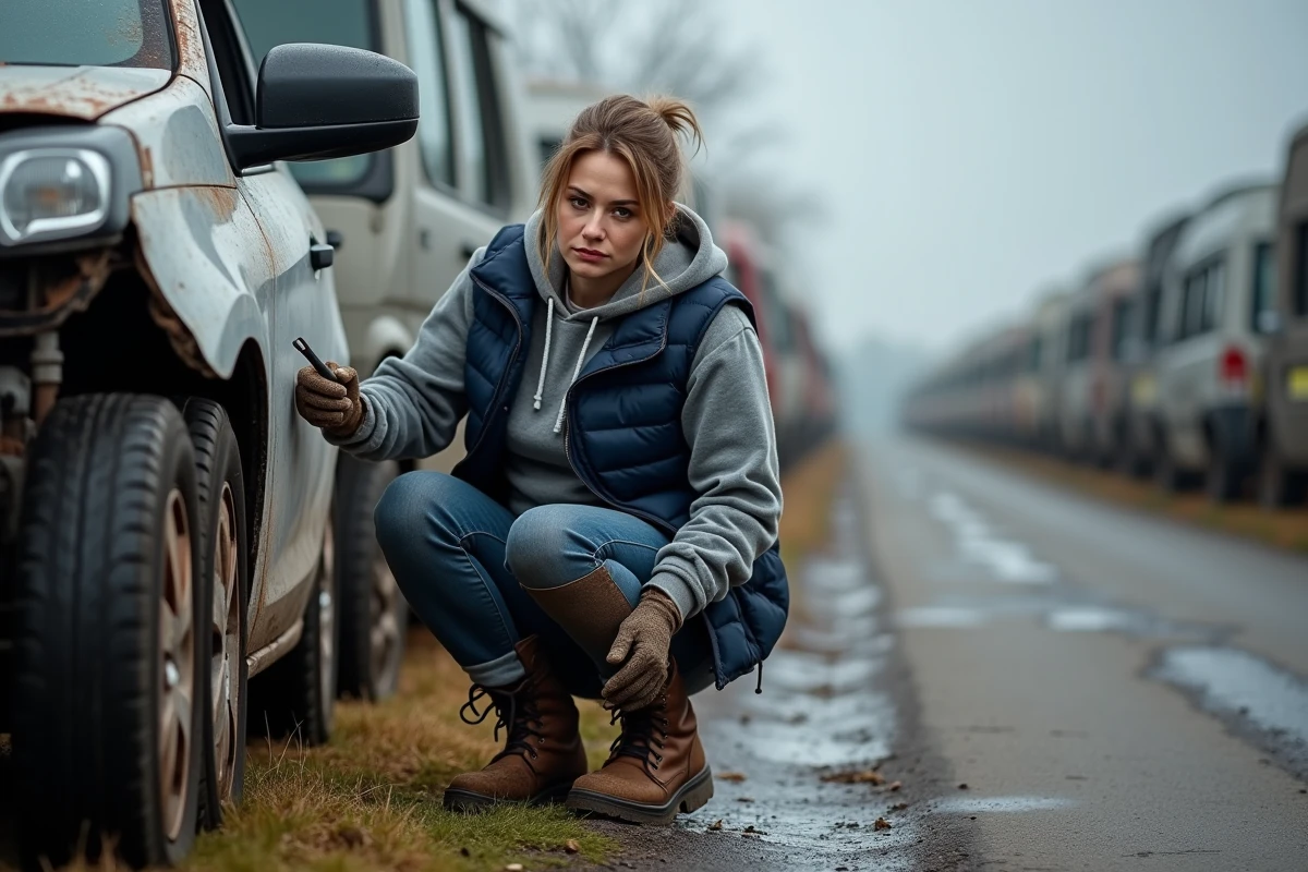 Femme démontant un rétroviseur sur une voiture dans une casse auto du 44