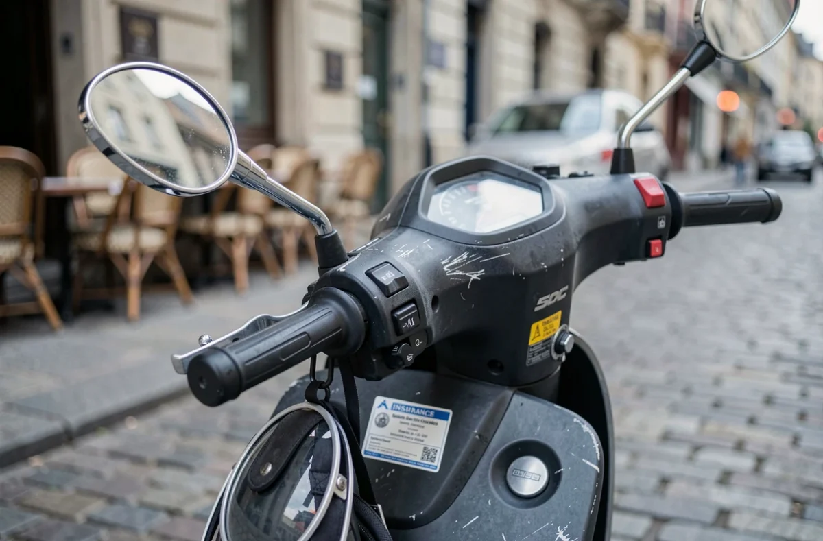 Détail du guidon d'un scooter 50cc avec certificat d'assurance affiché et casque accroché