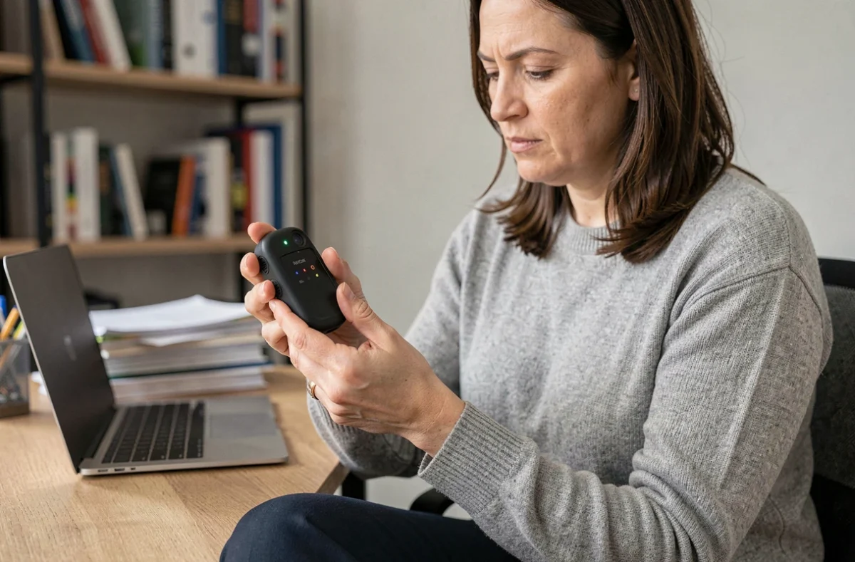 Femme analysant un détecteur deux-en-un de traceur GPS et caméra espion dans un bureau à domicile