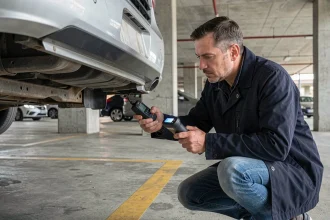 Homme inspectant le dessous d'une voiture avec un détecteur de traceur GPS dans un parking urbain