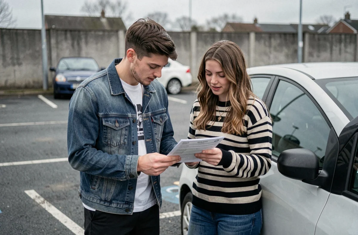 Deux jeunes conducteurs consultant un document d'assurance auto dans un parking