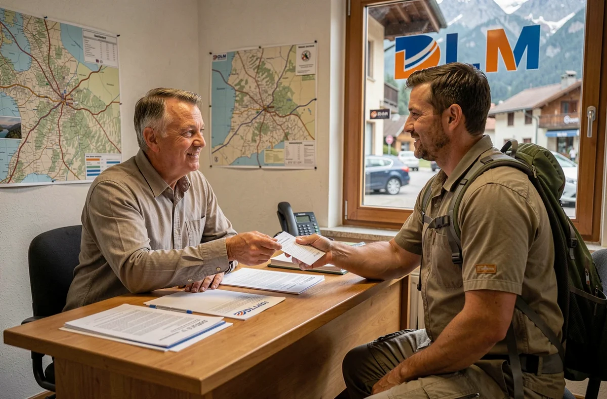 Bureau de l'agence DLM avec un agent remettant un contrat de location à un client