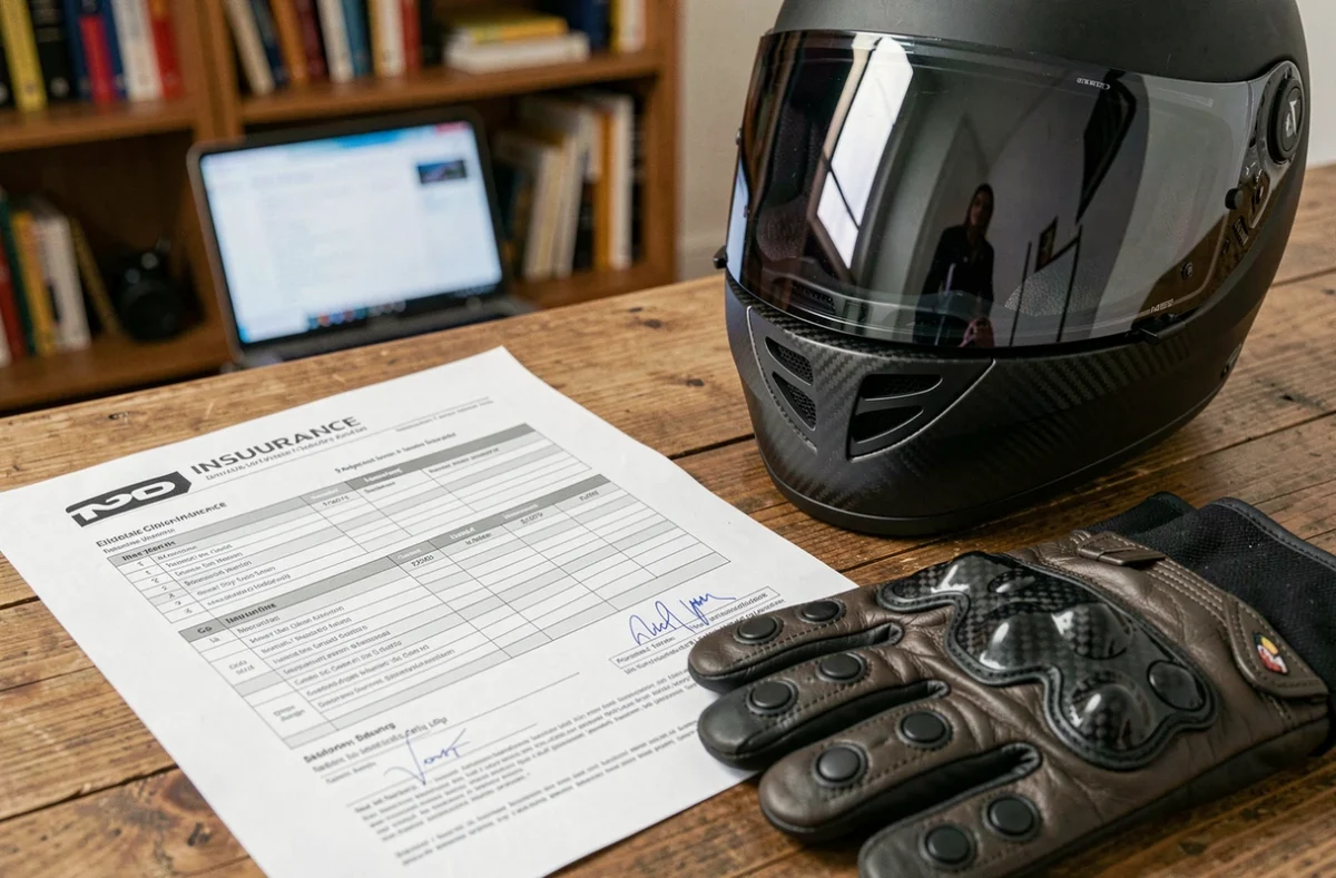 Documents d'assurance moto posés sur un bureau à côté d'un casque racing et de gants de moto, symbolisant le coût élevé de l'assurance pour les motos hypersportives