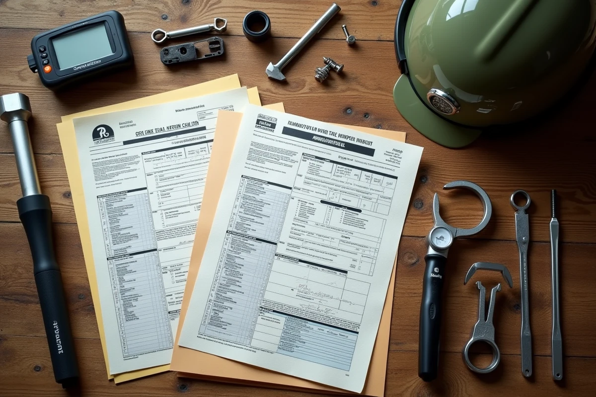 Documents de contrôle technique deux-roues, checklist réglementaire et outils de diagnostic pour maxi-scooter posés sur un établi