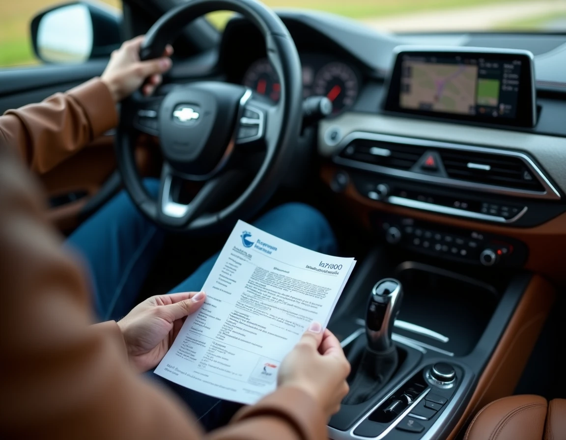 Documents d'immatriculation lettone LV posés sur le siège passager d'une voiture en route en Europe