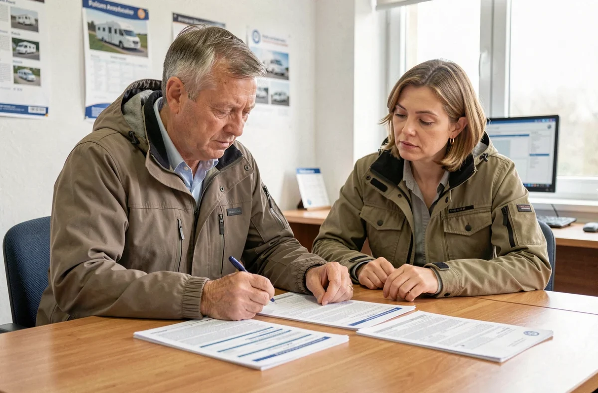 Couple consultant les documents administratifs pour régulariser le passage aux mines de leur camping-car