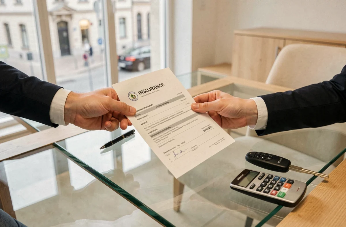 Échange d'un contrat d'assurance auto entre un client et un conseiller dans un bureau à Strasbourg