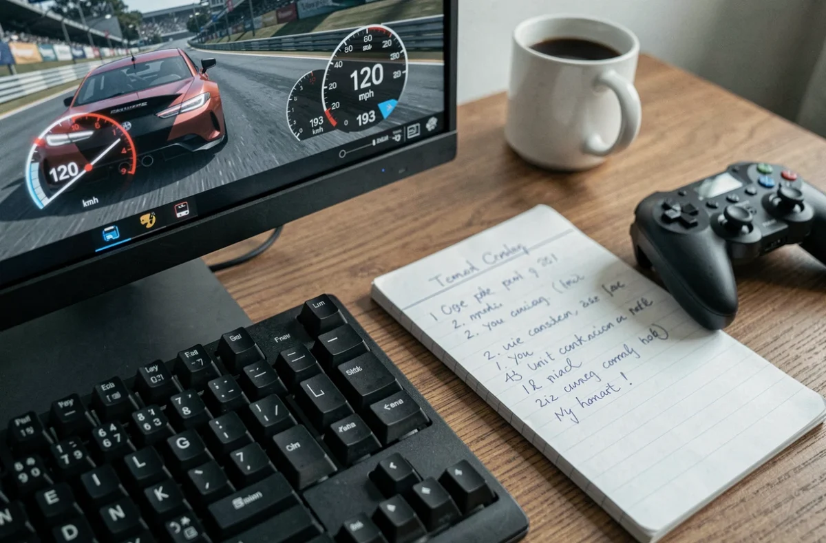 Écran de jeu de course affichant une conversion de vitesse mph en km/h avec des notes manuscrites sur un bureau gaming