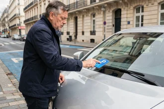 Automobiliste confus examinant son disque de stationnement bleu sur le tableau de bord d'une voiture garée en zone bleue à Paris