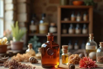 Établi de parfumeur artisanal avec flacons en verre ambré, matières premières botaniques et ingrédients naturels pour un parfum personnalisé haut de gamme