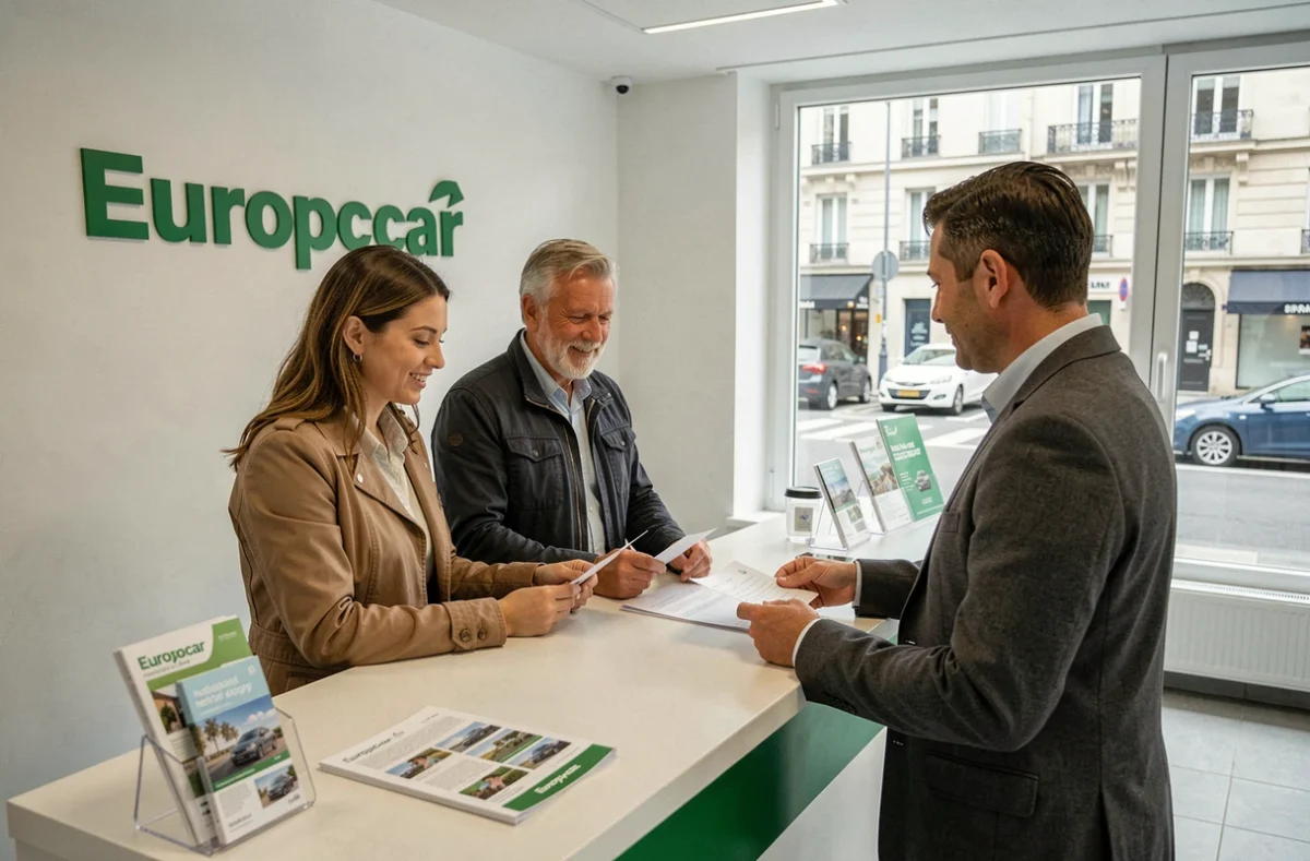 Agence Europcar réseau national avec des clients et un agent examinant un contrat de location