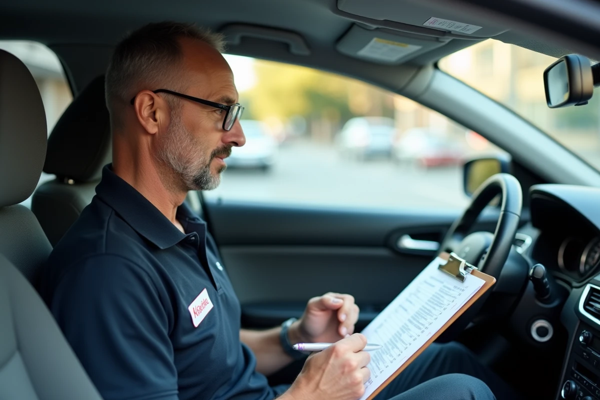 Examinateur du permis de conduire notant les résultats sur une grille d'évaluation à l'intérieur d'un véhicule d'examen