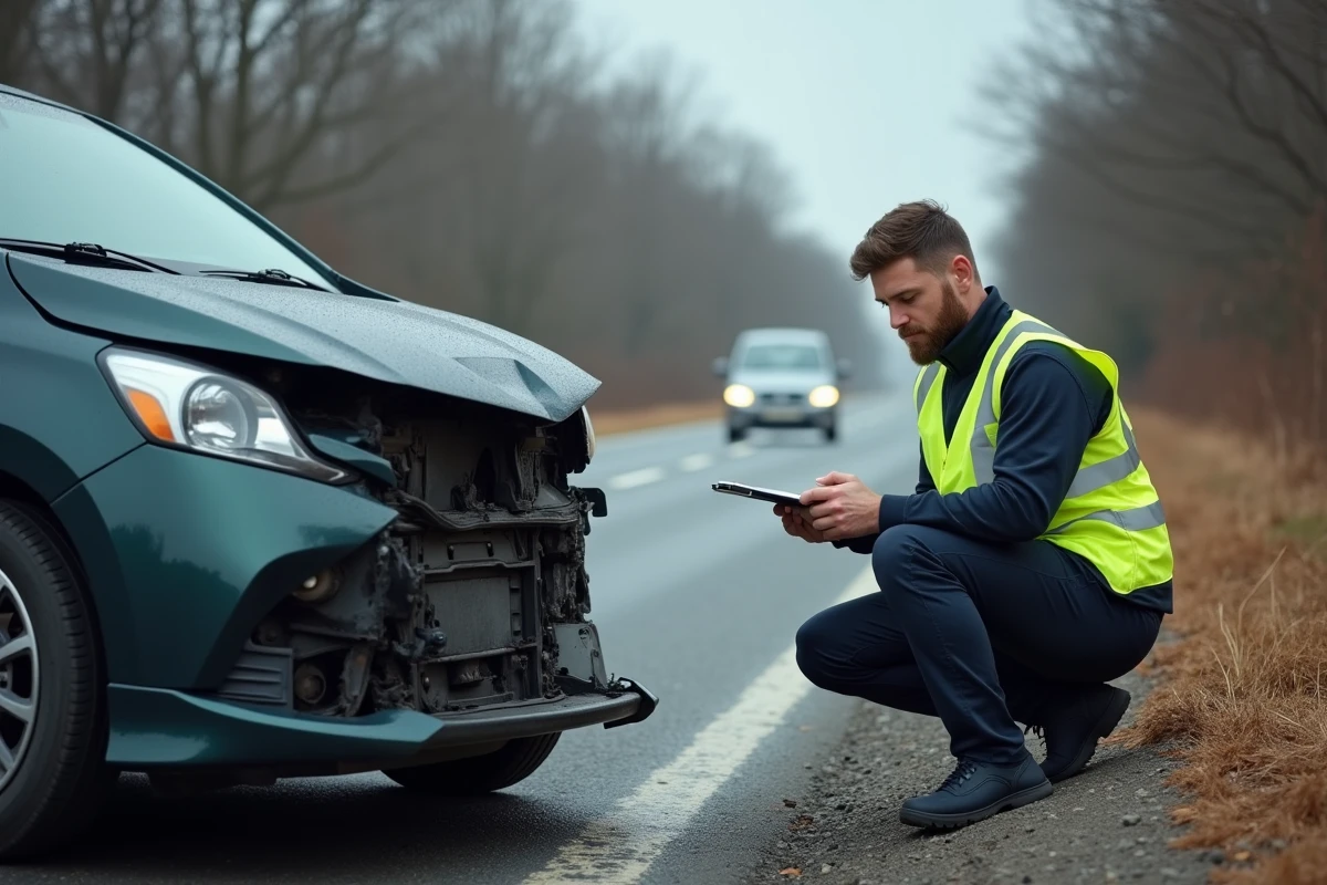 Expert en assurance réalisant une évaluation des dommages sur un véhicule accidenté au bord de la route