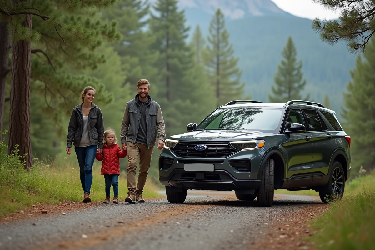 Famille de quatre près d'un SUV en nature