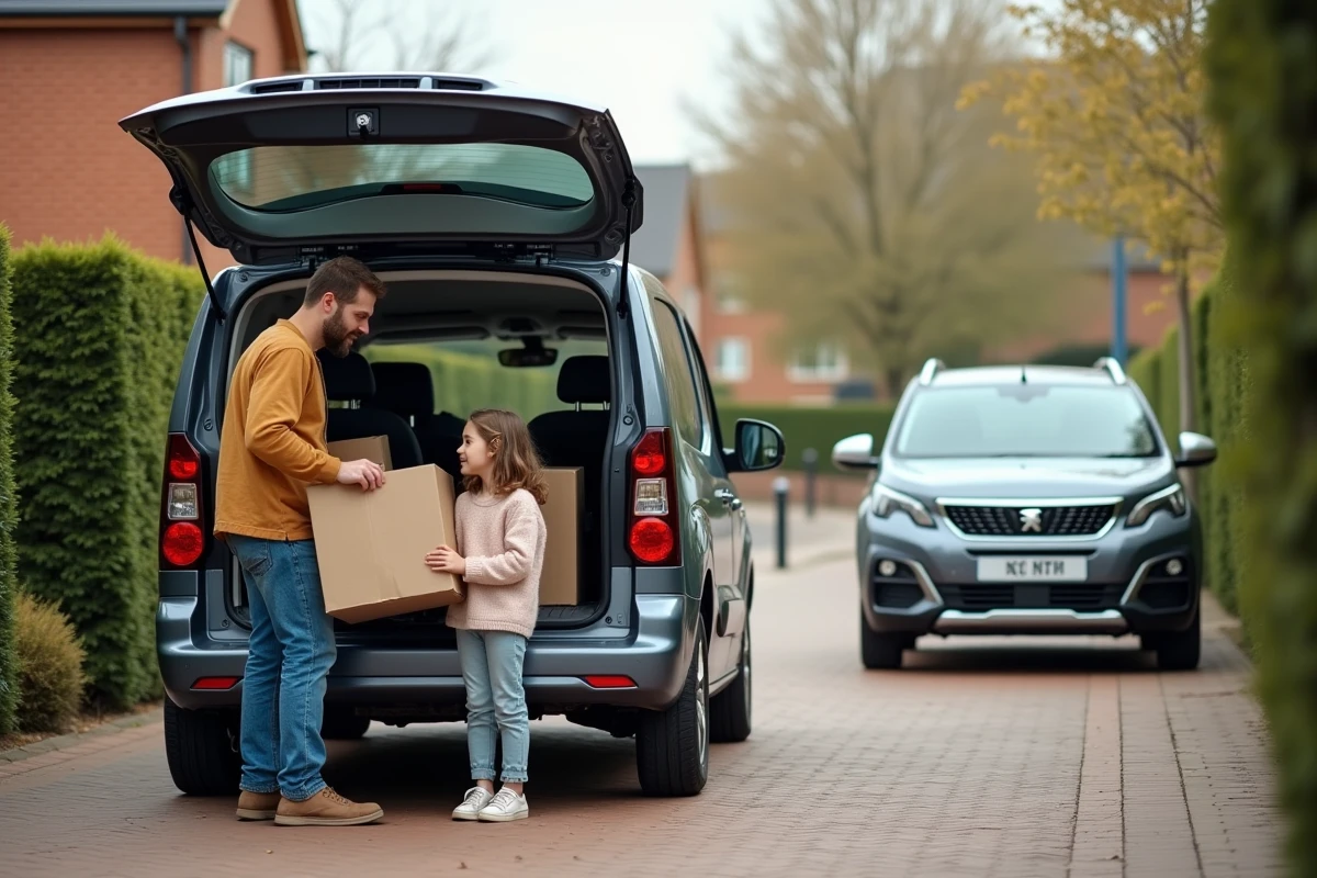 Père chargeant les courses dans une Peugeot Partner en famille