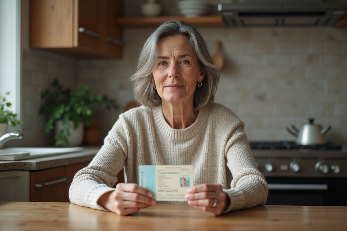 Femme d'âge moyen tenant deux permis de conduire français