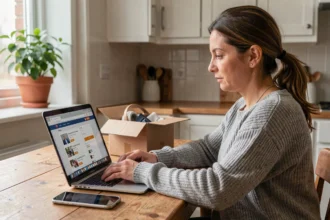 Femme préparant une annonce en ligne sur son ordinateur portable avec des objets à vendre posés sur la table