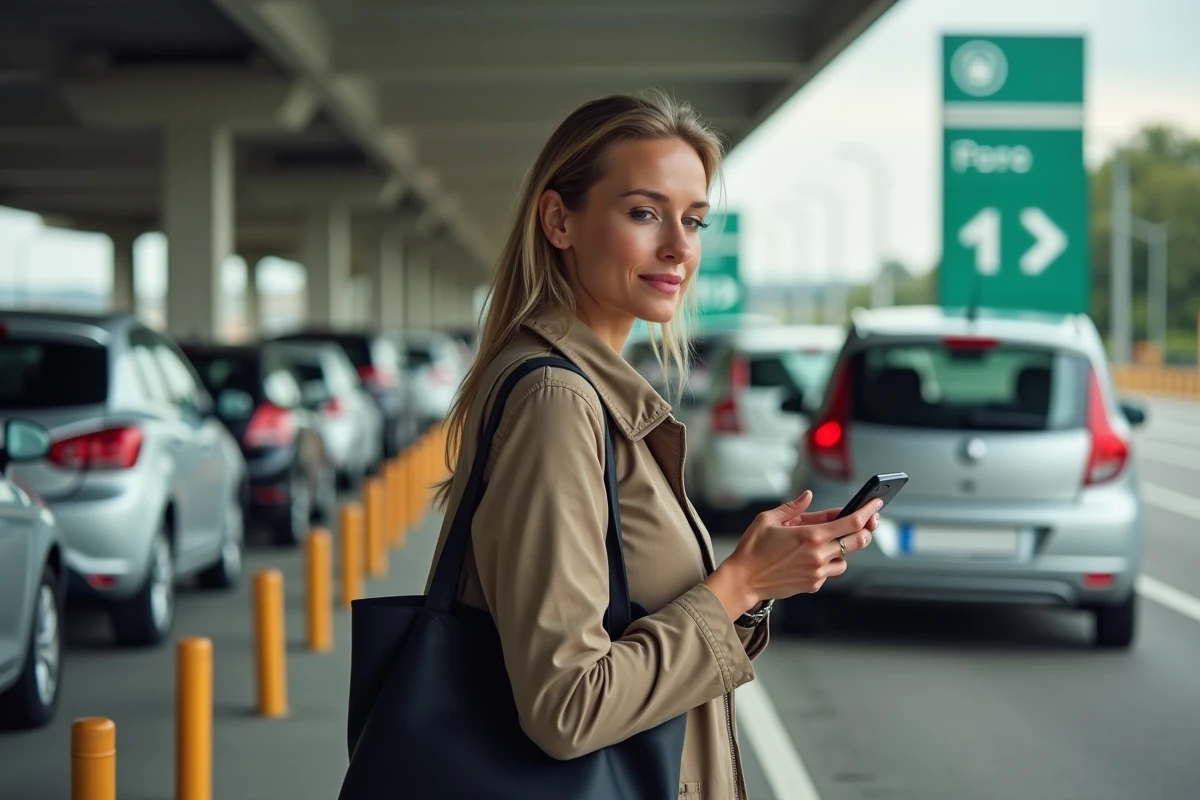 Femme utilisant une application de covoiturage dans un parking relais près de La Chapelle-Saint-Mesmin