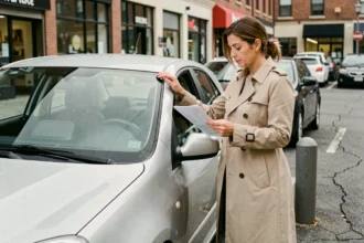 Femme consultant des documents d'assurance auto appuyée contre une voiture compacte en ville