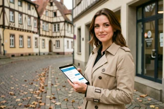 Femme consultant une tablette devant une agence d'assurance auto à Strasbourg dans le quartier de la Petite France