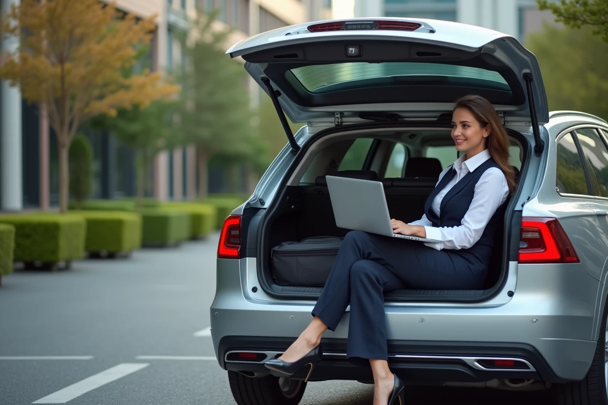 Jeune femme professionnelle assise sur le coffre d