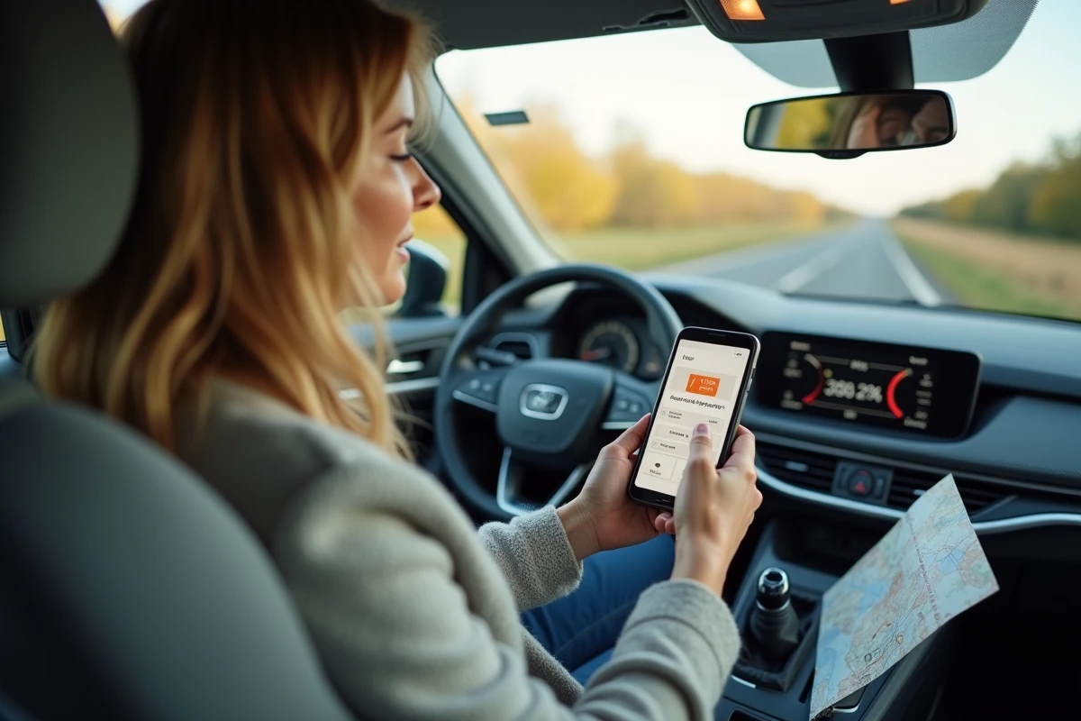 Femme calculant le coût d'un trajet en voiture avec une application sur smartphone, assise dans son véhicule