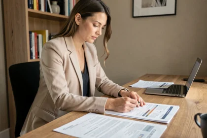 Femme comparant des offres d'assurance voiture à son bureau à domicile