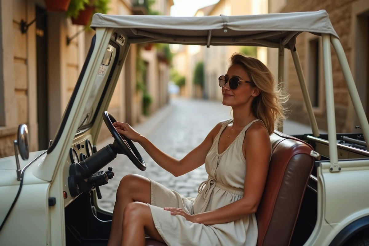 Femme conduisant une Mini Moke décapotable dans une ruelle de village provençal en été