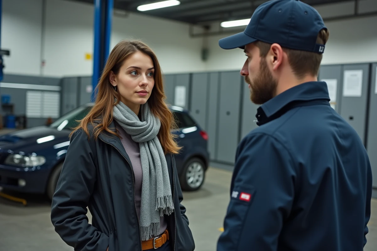 Femme discutant avec un mécanicien dans un garage auto