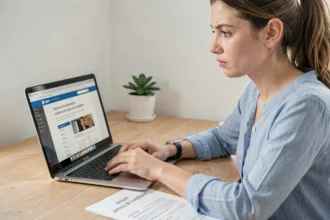 Femme consultant le site permisexpert.fr sur son ordinateur portable pour gérer son dossier ANTS