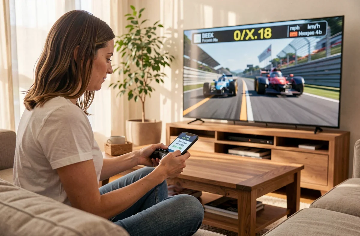 Femme consulte une conversion de vitesse mph en km/h sur son téléphone pendant une session de jeu de course