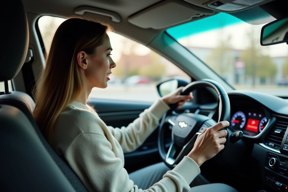 Femme regardant le tableau de bord de sa voiture