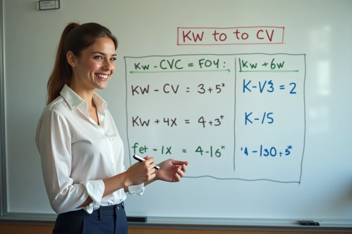 Jeune femme souriante devant tableau blanc avec formules
