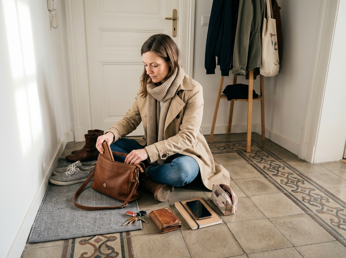 Jeune femme cherchant ses affaires dans son sac à l