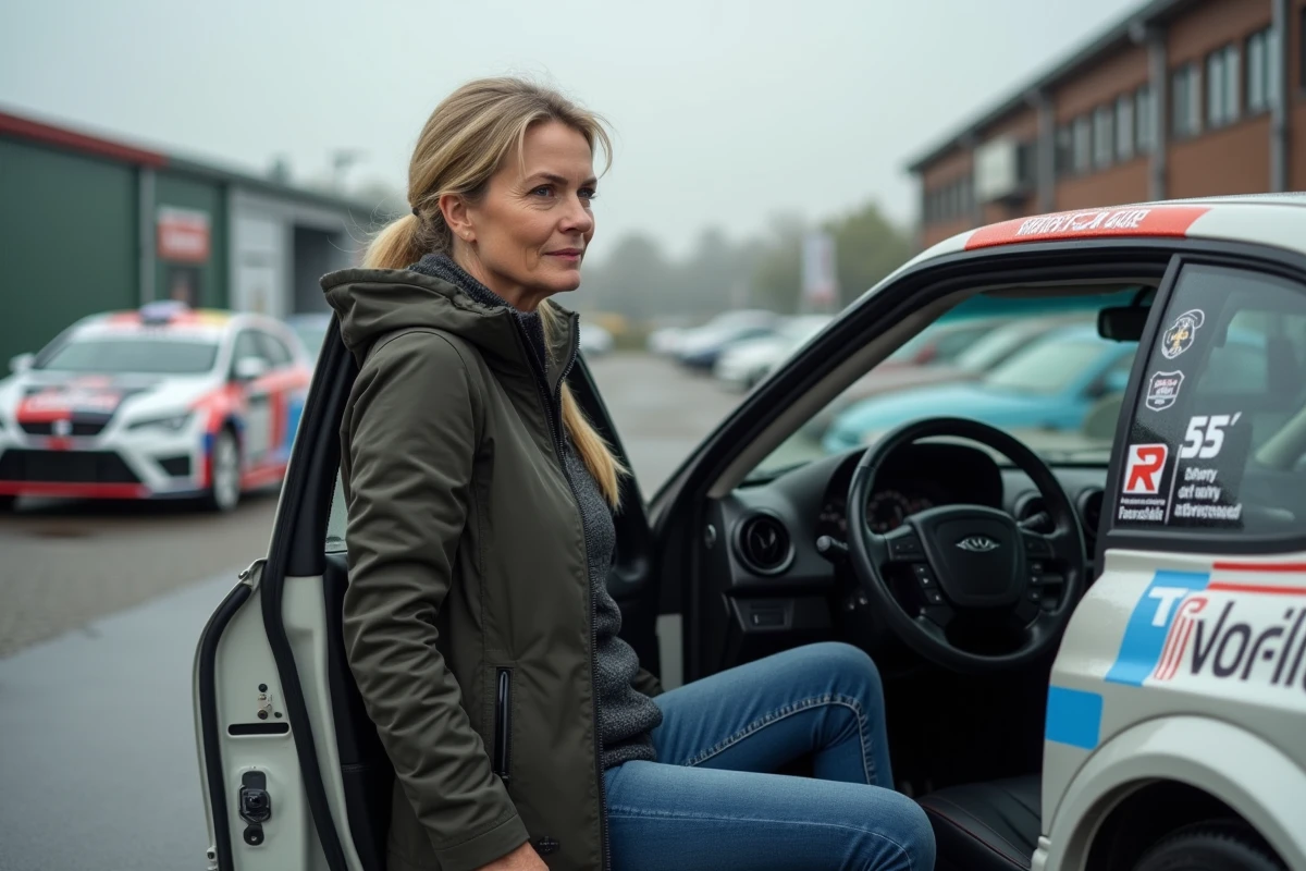 Femme inspectant voiture rallye en concession