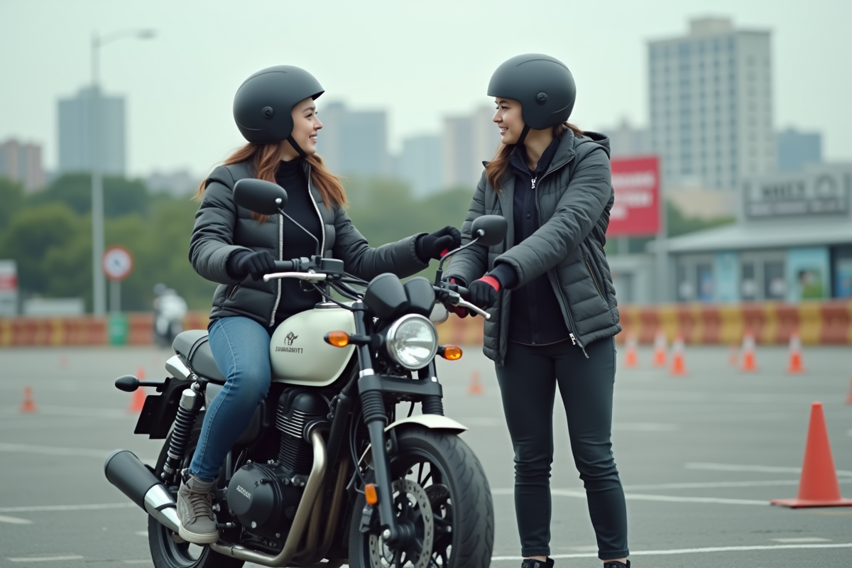 Jeune femme discutant avec instructeur lors d une formation moto