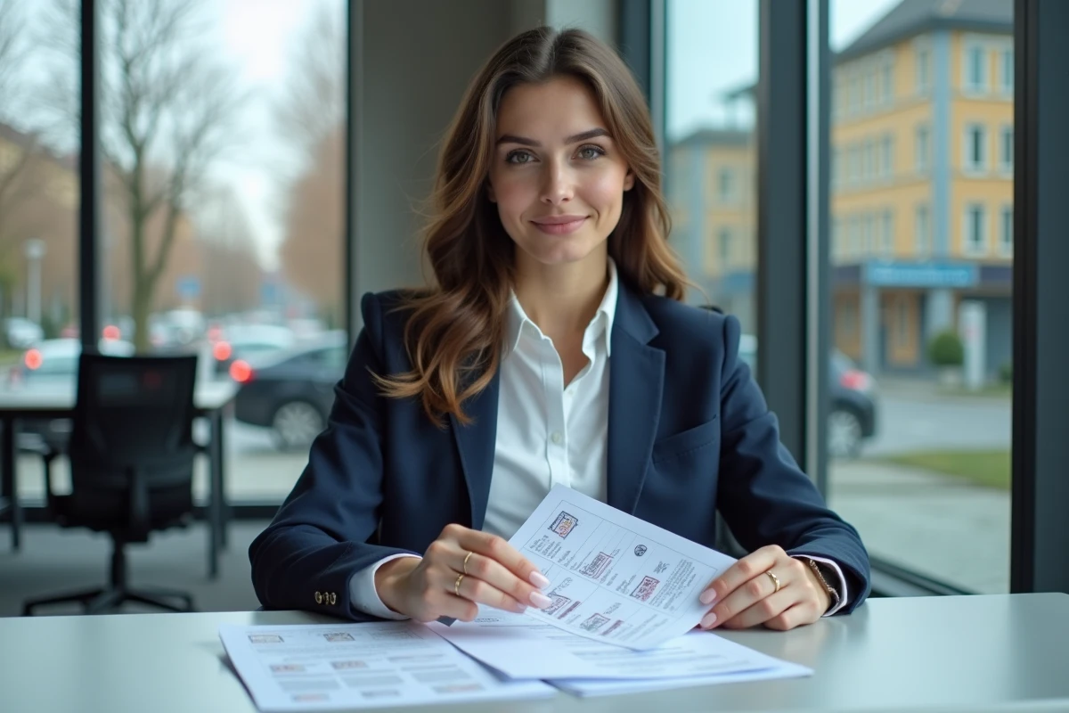 Jeune femme française examinant documents de voiture
